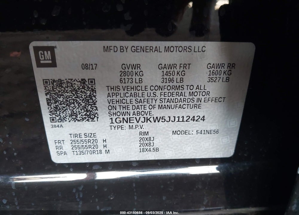 2018 CHEVROLET TRAVERSE VIN: 1GNEVJKW5JJ112424