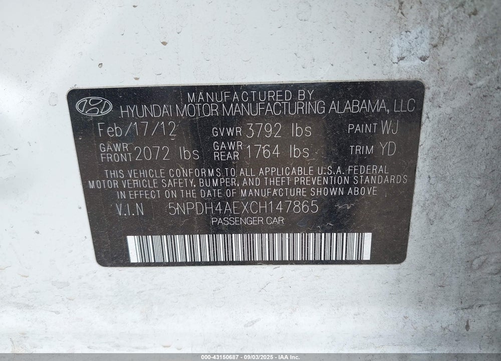 2012 HYUNDAI ELANTRA GLS VIN: 5NPDH4AEXCH147865