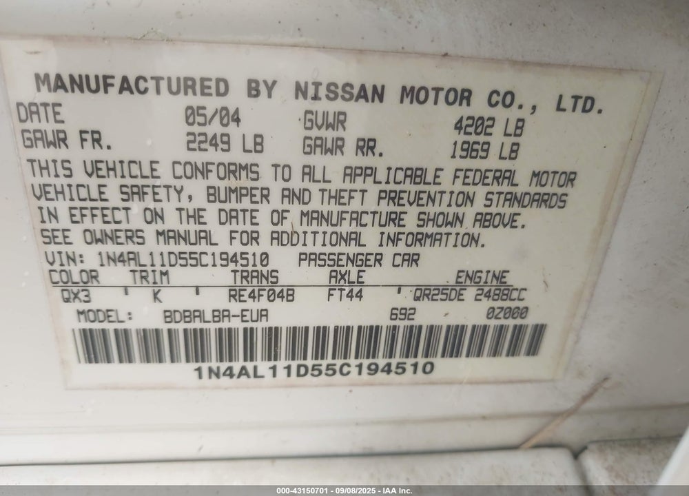 2005 NISSAN ALTIMA 2.5 S VIN: 1N4AL11D55C194510
