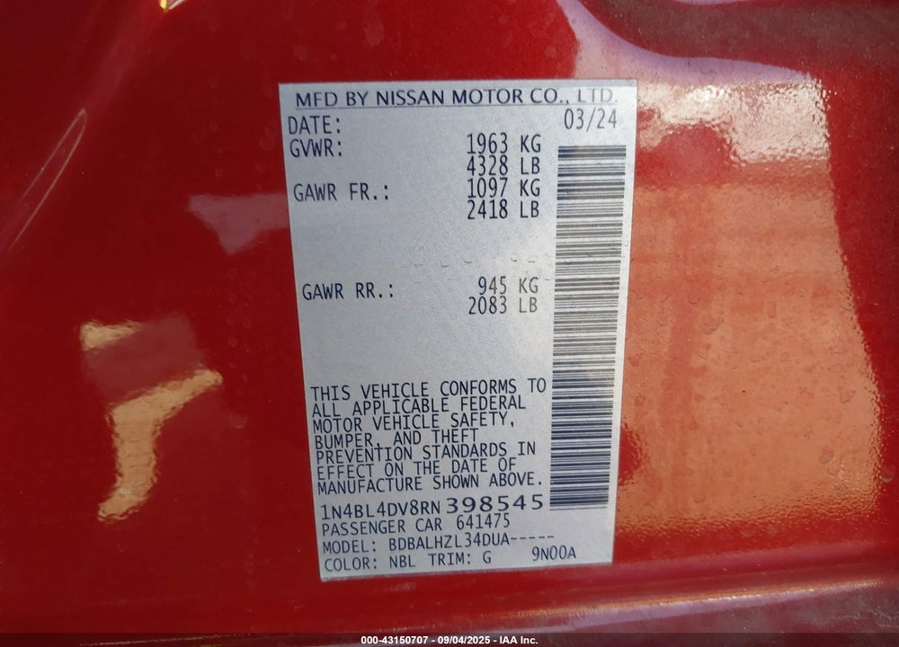 2024 NISSAN ALTIMA VIN: 1N4BL4DV8RN398545