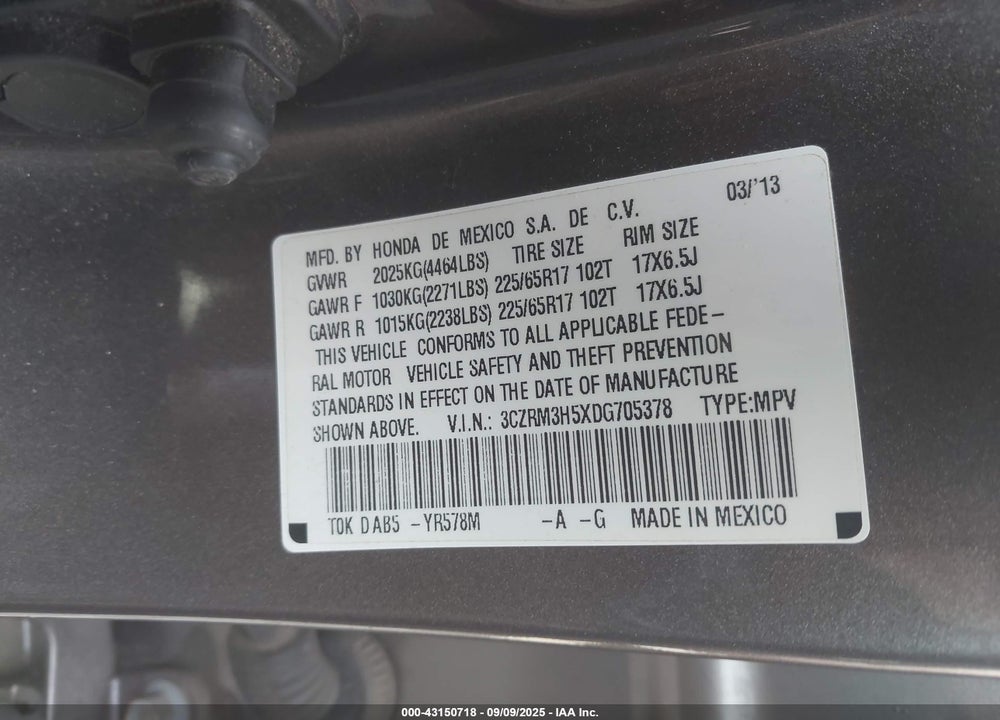 2013 HONDA CR-V EX VIN: 3CZRM3H5XDG705378
