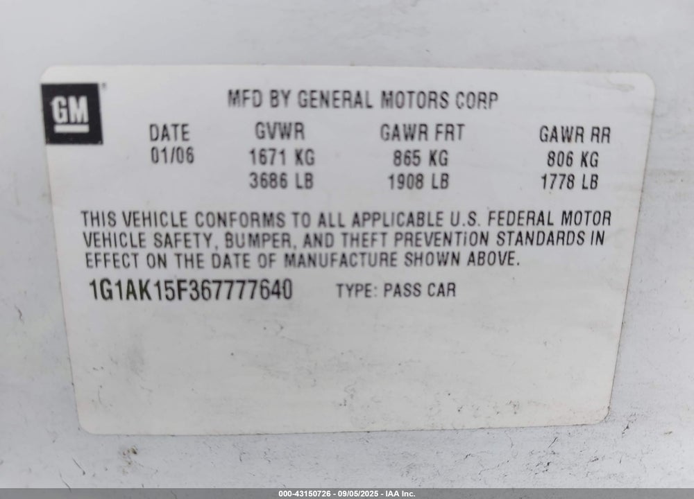 2006 CHEVROLET COBALT VIN: 1G1AK15F367777640