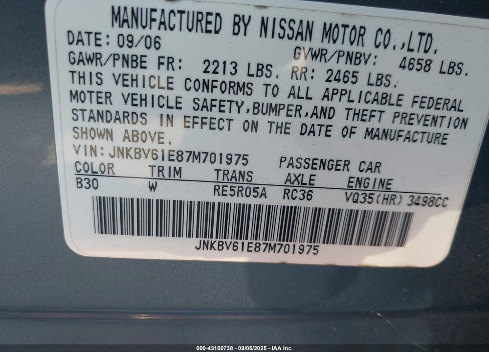 2007 INFINITI G35 SPORT VIN: JNKBV61E87M701975