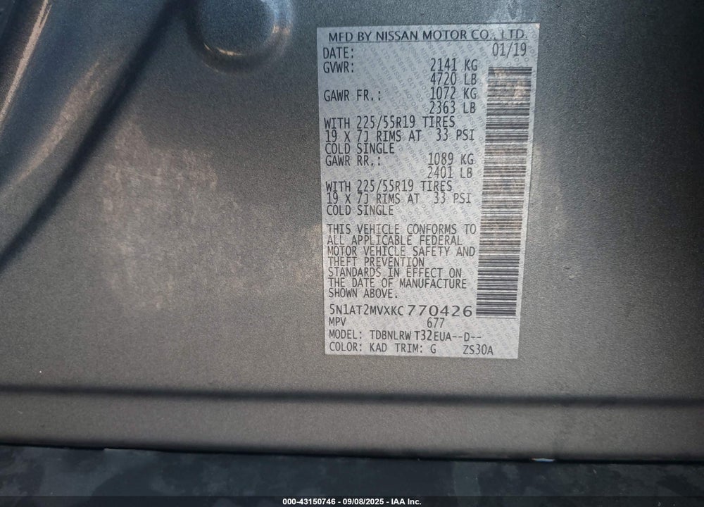 2019 NISSAN ROGUE SL VIN: 5N1AT2MVXKC770426