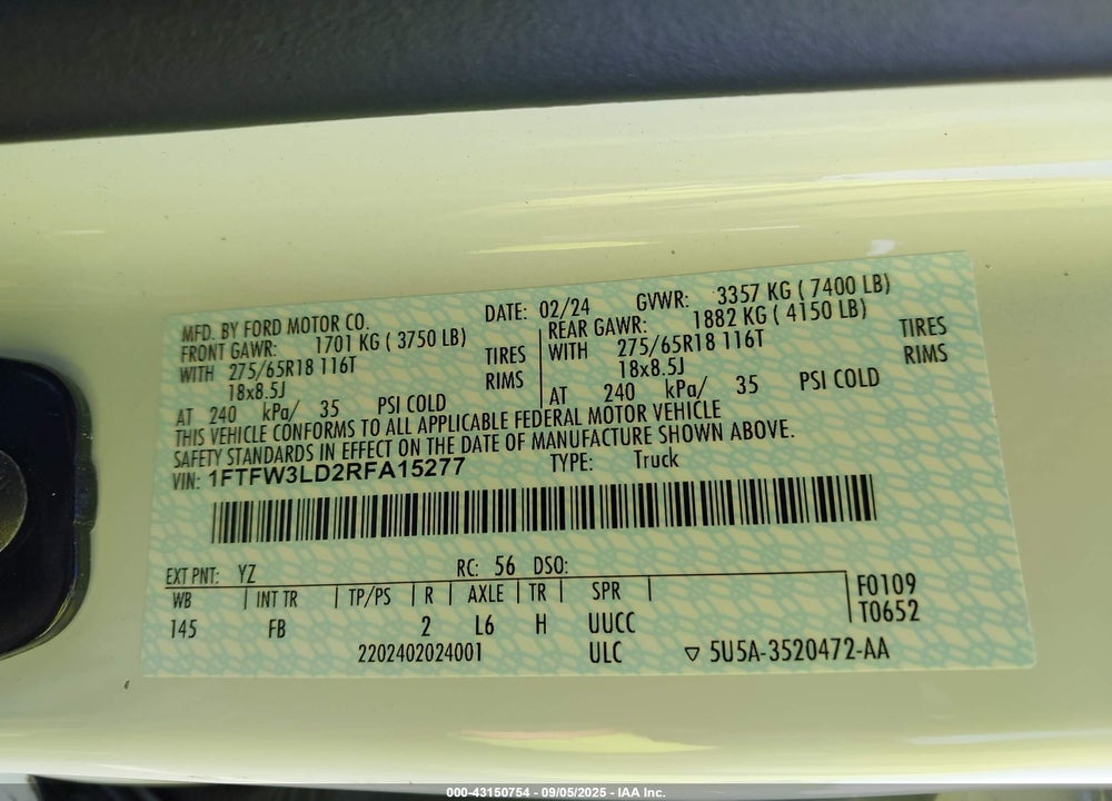 2024 FORD F-150 VIN: 1FTFW3LD2RFA15277