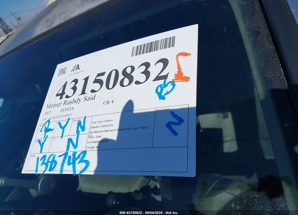 2007 HONDA CR-V LX VIN: JHLRE38307C049011