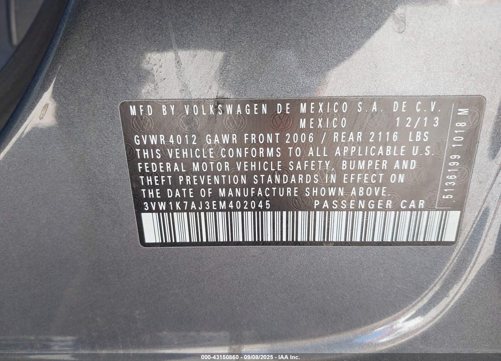 2014 VOLKSWAGEN JETTA VIN: 3VW1K7AJ3EM402045
