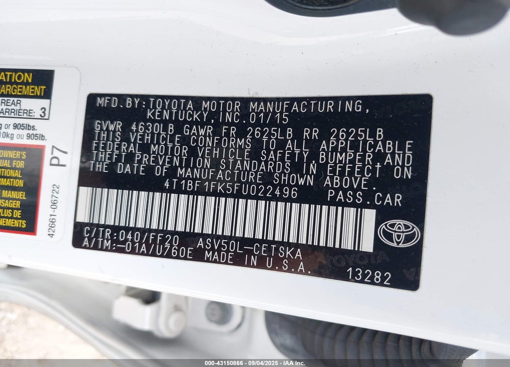 2015 TOYOTA CAMRY VIN: 4T1BF1FK5FU022496