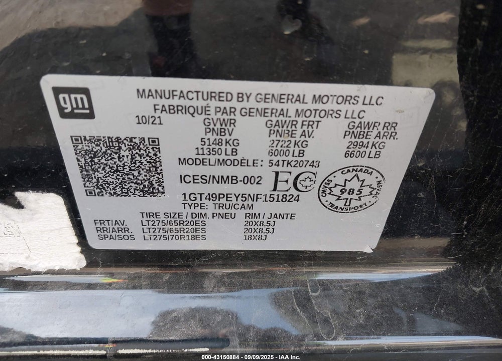2022 GMC SIERRA 2500HD 4WD  LONG BED AT4/4WD  STANDARD BED AT4 VIN: 1GT49PEY5NF151824