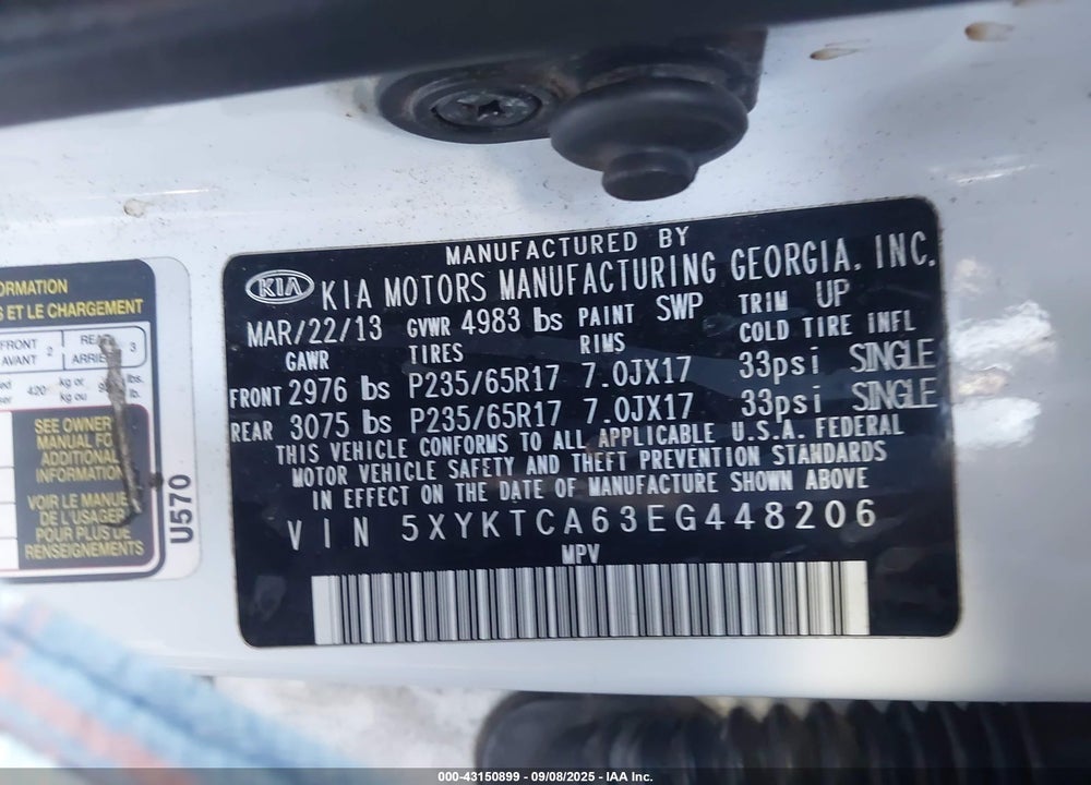 2014 KIA SORENTO VIN: 5XYKTCA63EG448206