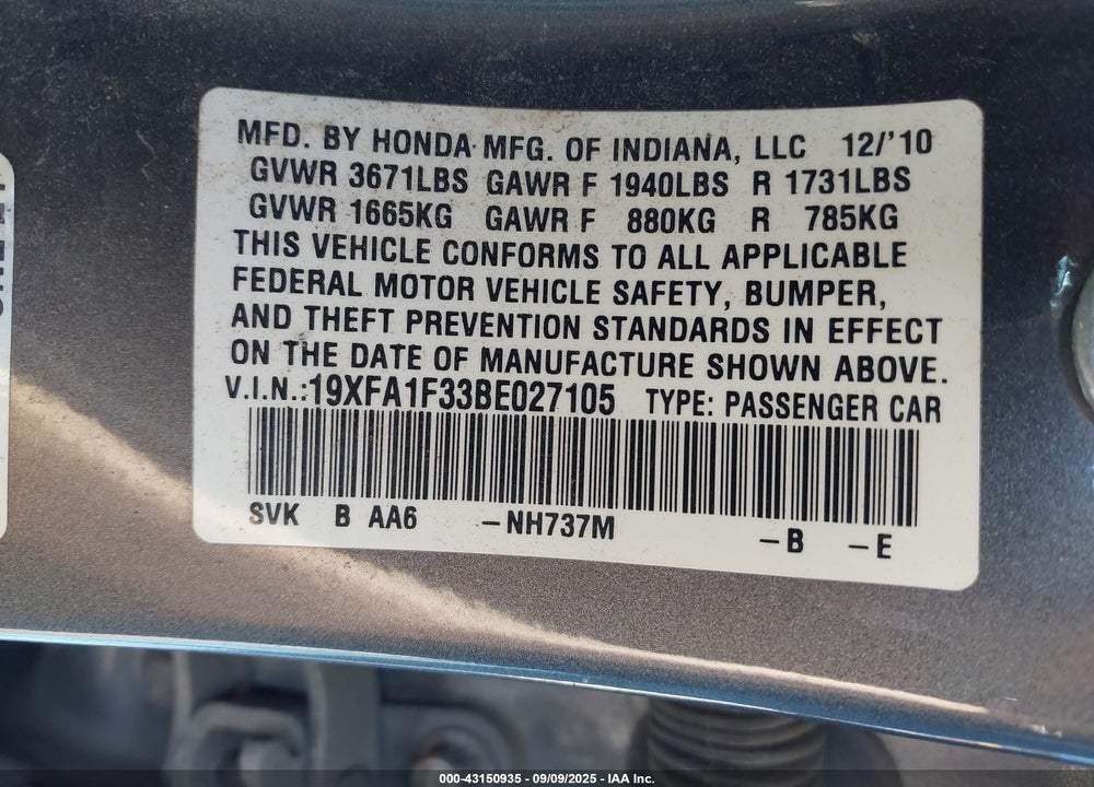 2011 HONDA CIVIC VP VIN: 19XFA1F33BE027105