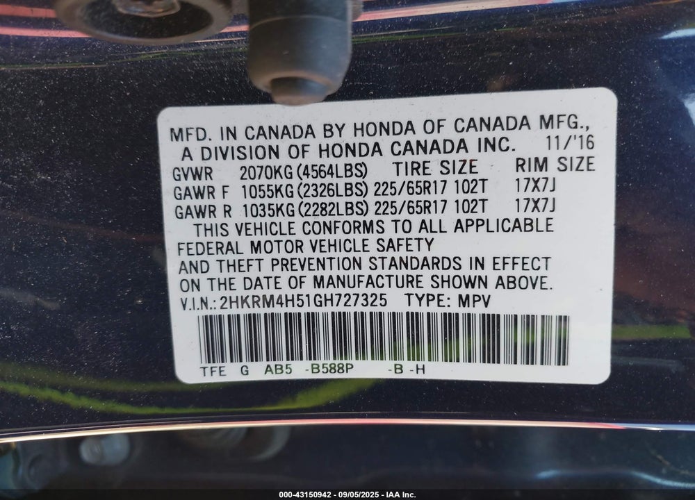 2016 HONDA CR-V VIN: 2HKRM4H51GH727325
