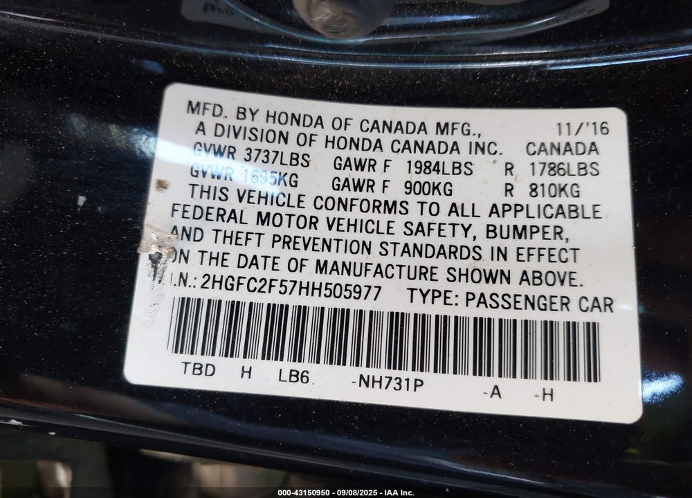 2017 HONDA CIVIC VIN: 2HGFC2F57HH505977