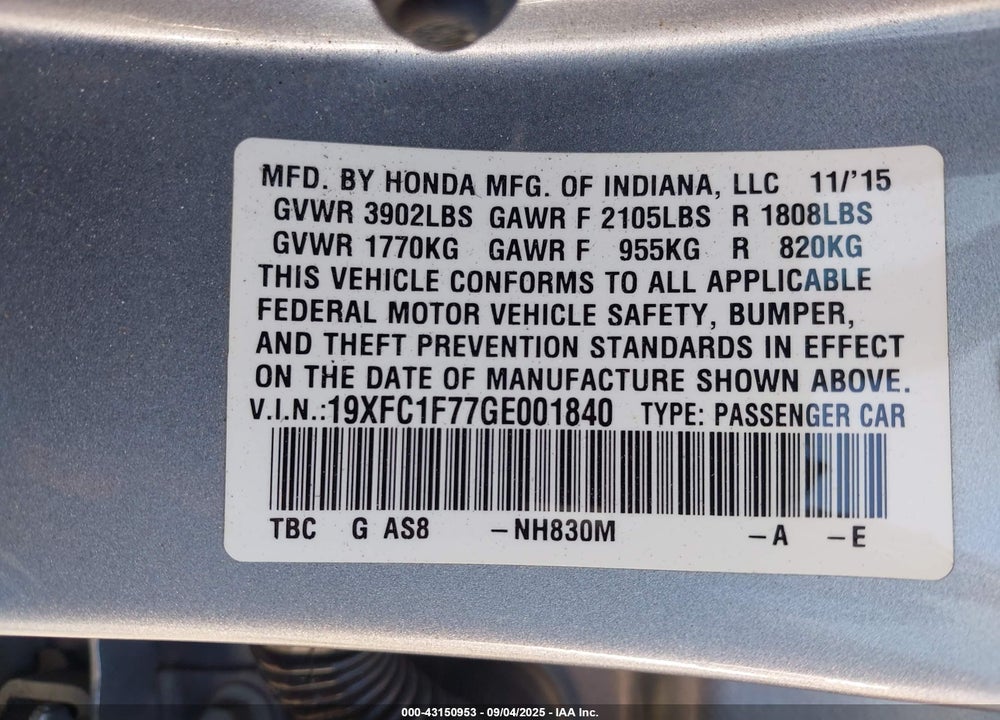2016 HONDA CIVIC EX-L VIN: 19XFC1F77GE001840