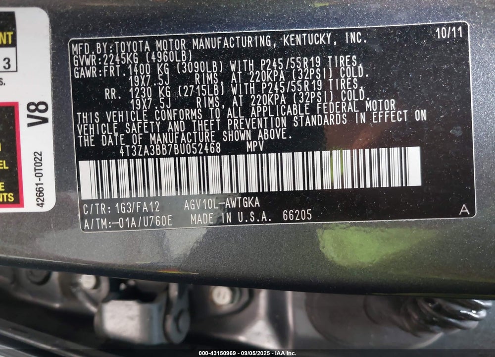 2011 TOYOTA VENZA VIN: 4T3ZA3BB7BU052468