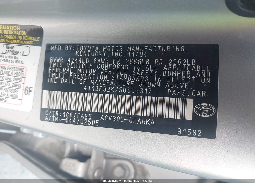 2005 TOYOTA CAMRY XLE VIN: 4T1BE32K25U505317