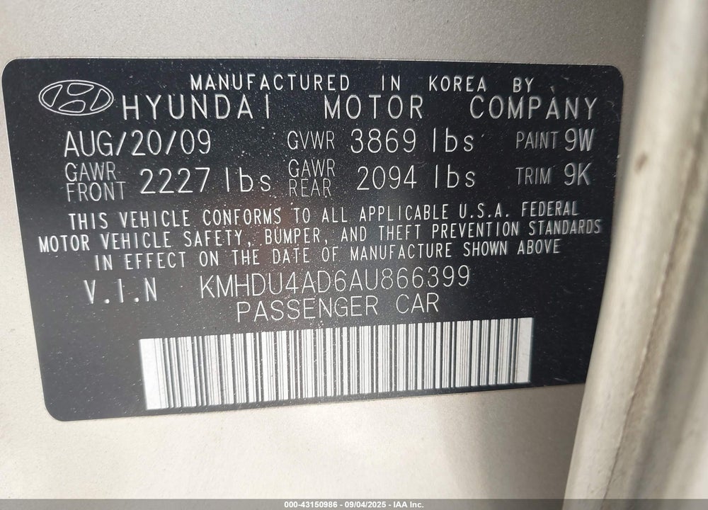 2010 HYUNDAI ELANTRA VIN: KMHDU4AD6AU866399