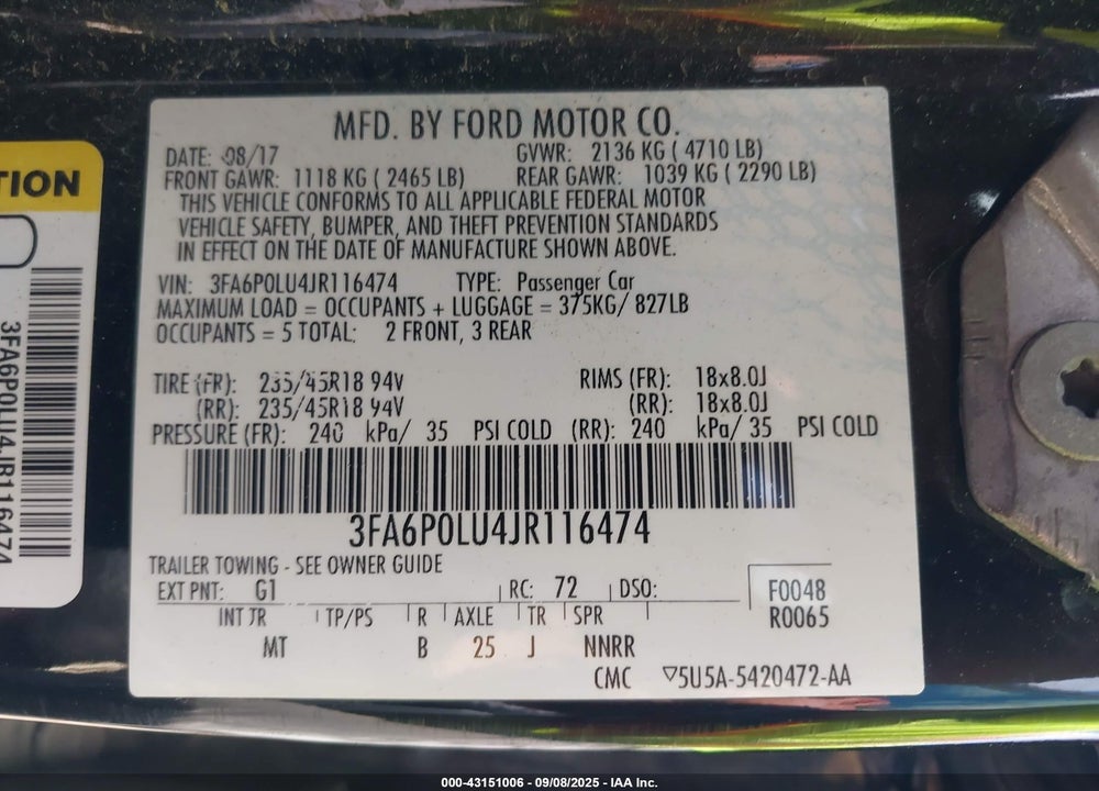 2018 FORD FUSION HYBRID SE VIN: 3FA6P0LU4JR116474