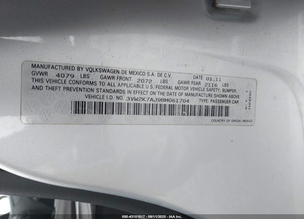2011 VOLKSWAGEN JETTA VIN: 3VW2K7AJ9BM061704