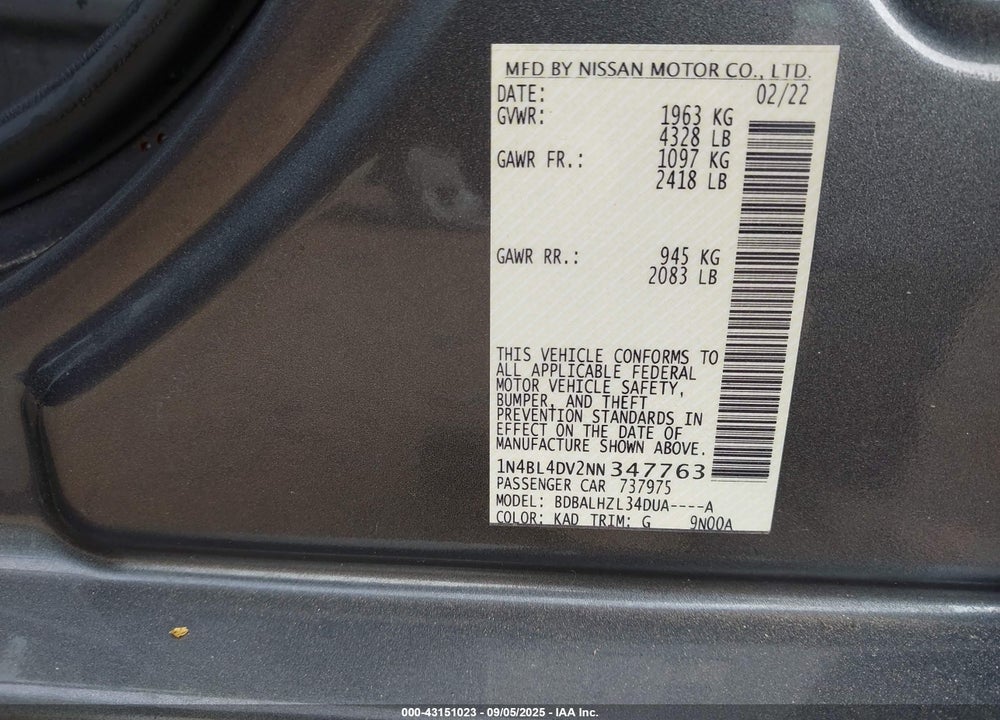 2022 NISSAN ALTIMA SV FWD VIN: 1N4BL4DV2NN347763