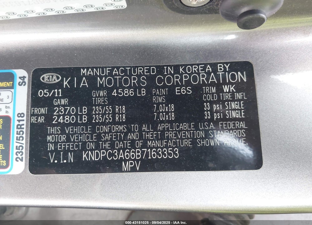 2011 KIA SPORTAGE VIN: KNDPC3A66B7163353