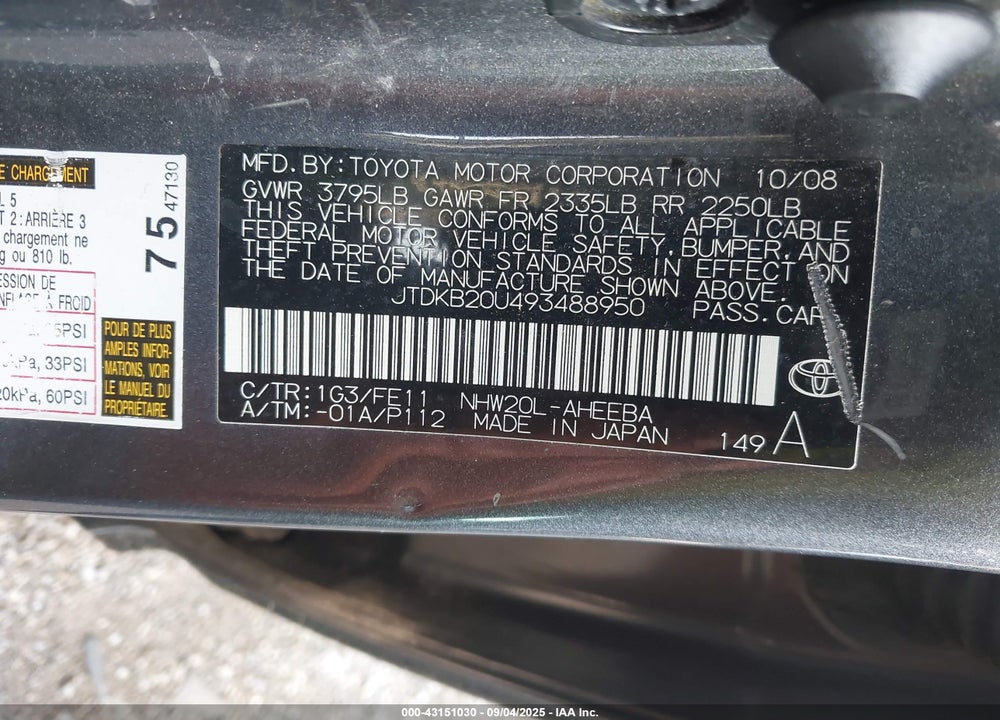2009 TOYOTA PRIUS VIN: JTDKB20U493488950