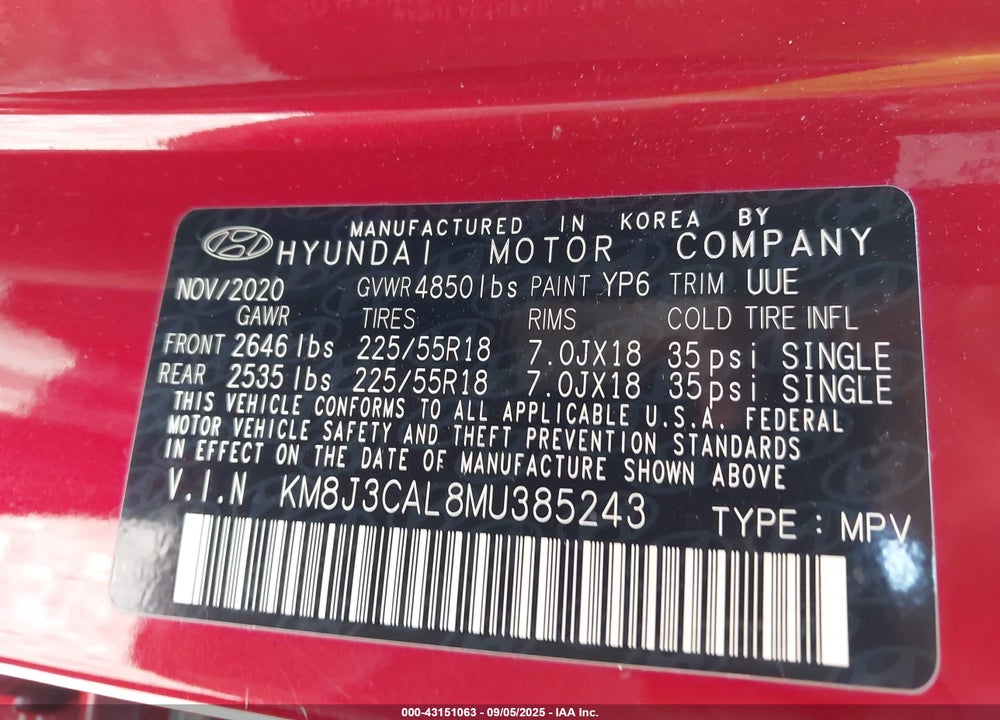 2021 HYUNDAI TUCSON VIN: KM8J3CAL8MU385243