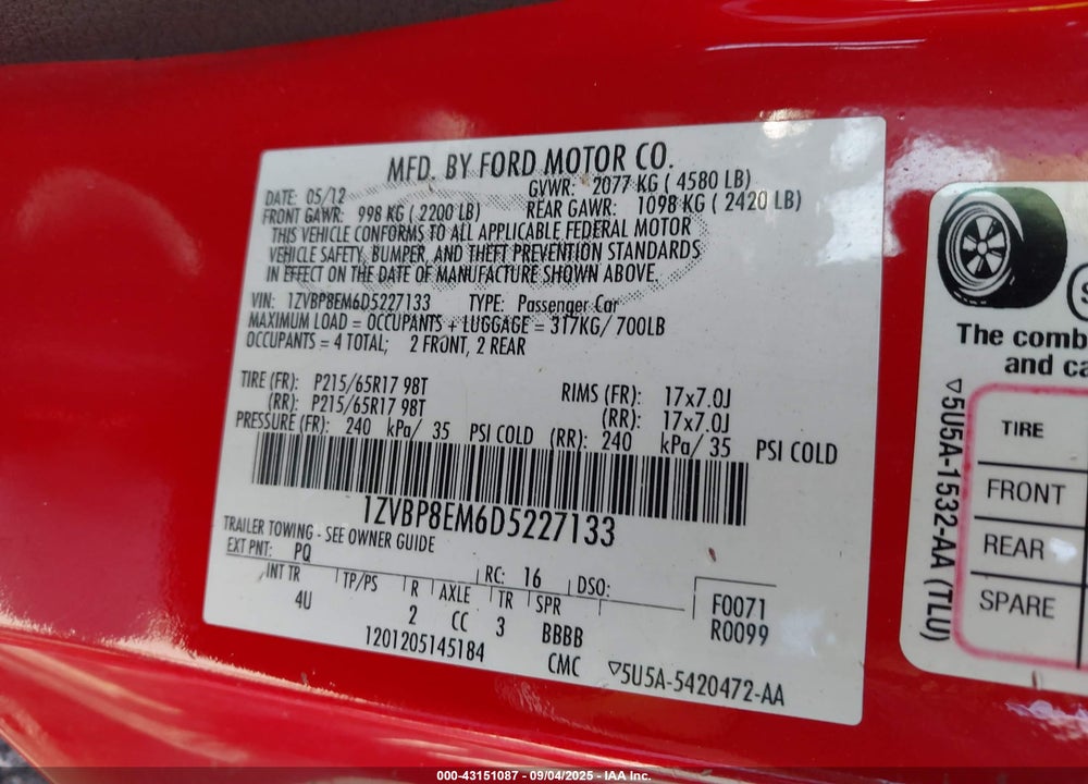 2013 FORD MUSTANG V6 PREMIUM VIN: 1ZVBP8EM6D5227133