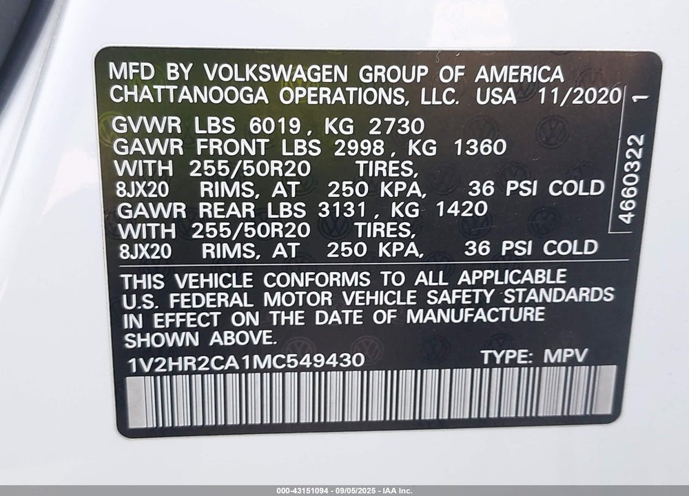 2021 VOLKSWAGEN ATLAS VIN: 1V2HR2CA1MC549430