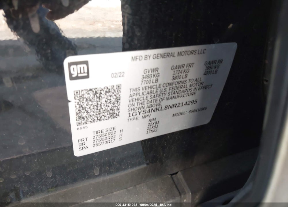 2022 CADILLAC ESCALADE ESV 4WD SPORT VIN: 1GYS4NKL8NR214295