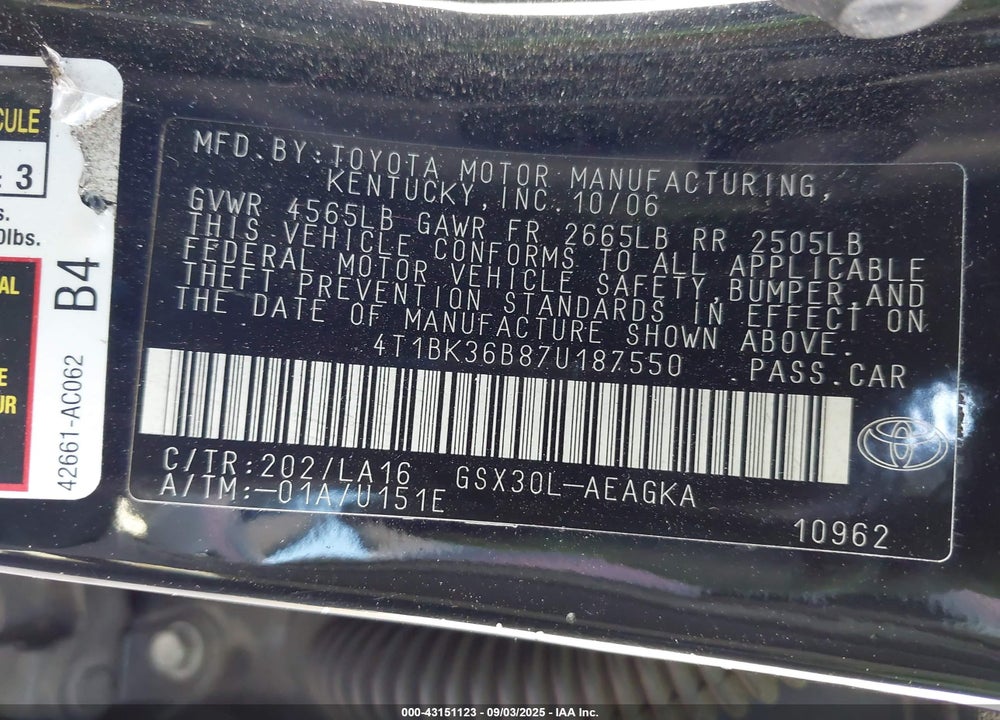 2007 TOYOTA AVALON XLS VIN: 4T1BK36B87U187550
