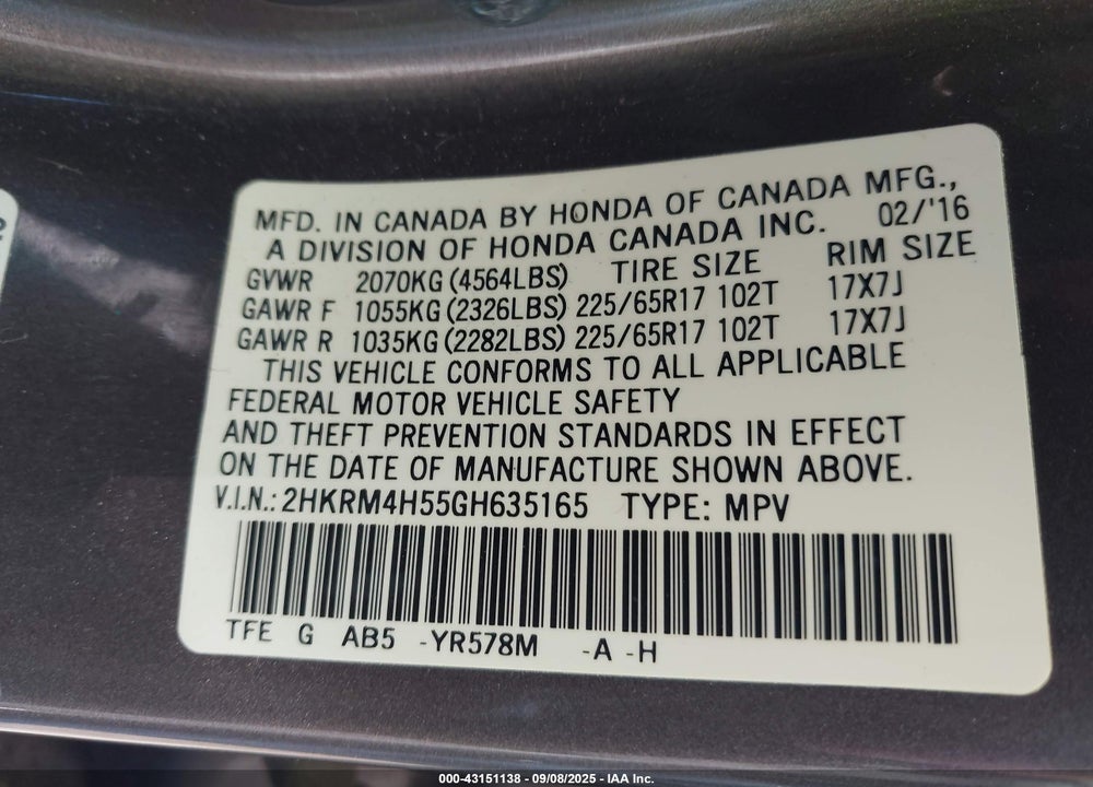 2016 HONDA CR-V VIN: 2HKRM4H55GH635165