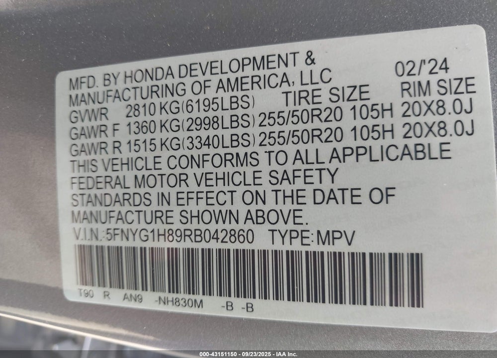 2024 HONDA PILOT VIN: 5FNYG1H89RB042860