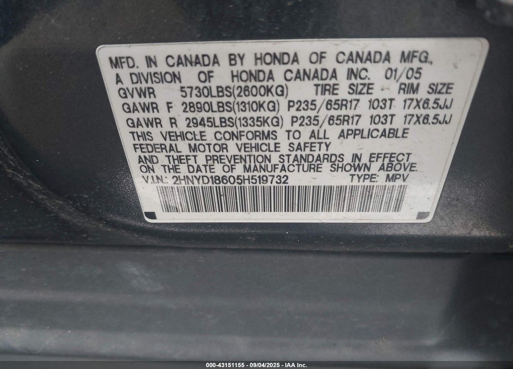 2005 ACURA MDX VIN: 2HNYD18605H519732