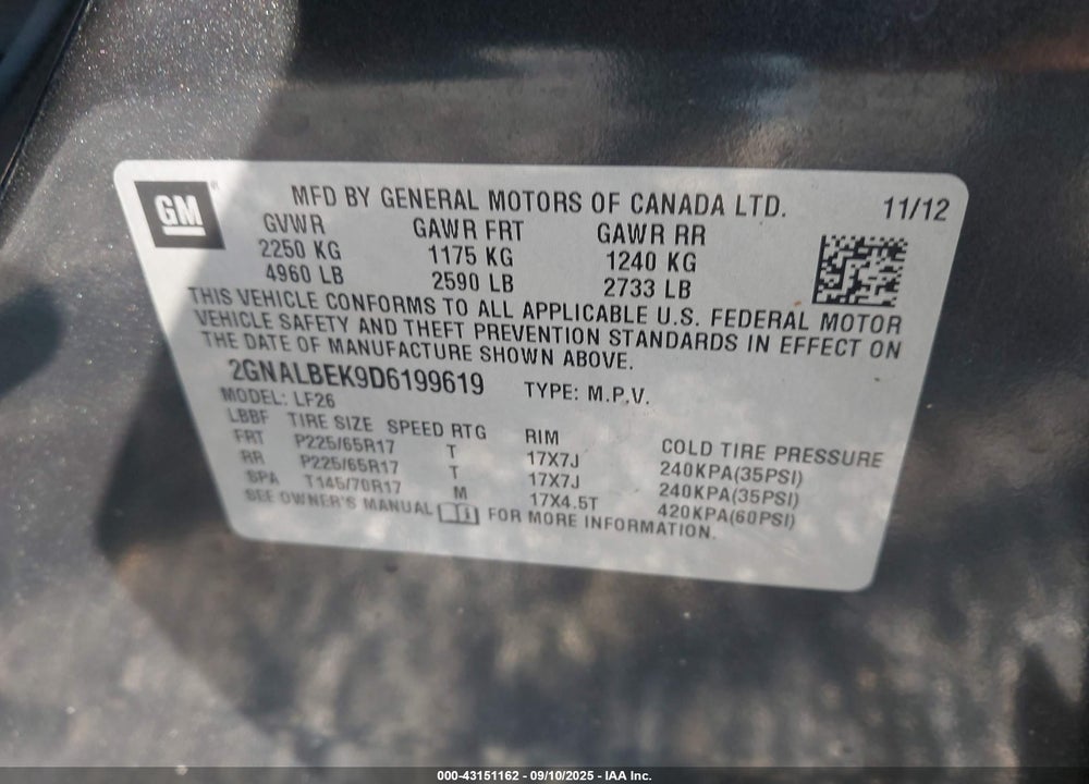 2013 CHEVROLET EQUINOX VIN: 2GNALBEK9D6199619
