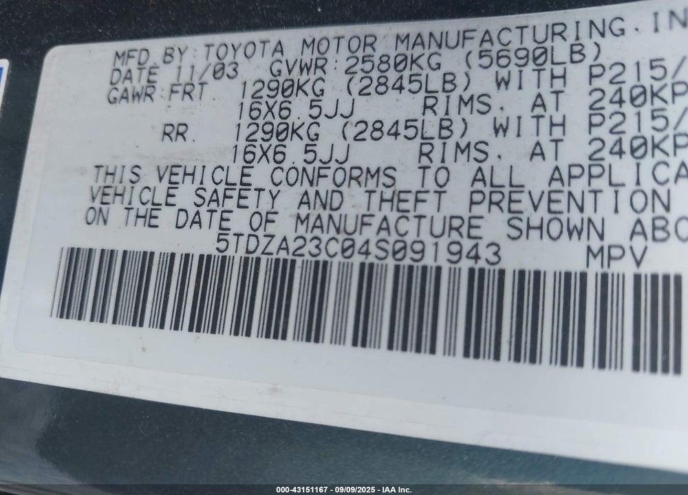 2004 TOYOTA SIENNA LE VIN: 5TDZA23C04S091943
