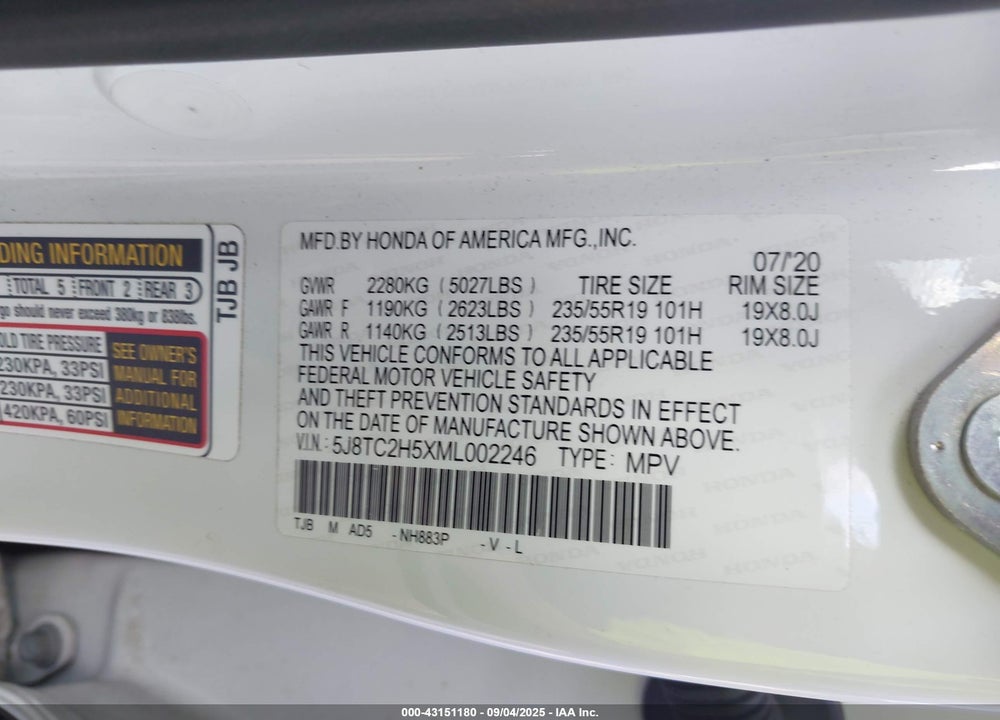 2021 ACURA RDX VIN: 5J8TC2H5XML002246