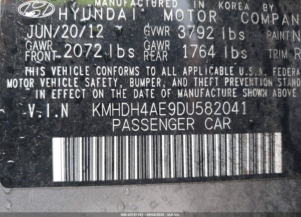 2013 HYUNDAI ELANTRA LIMITED VIN: KMHDH4AE9DU582041