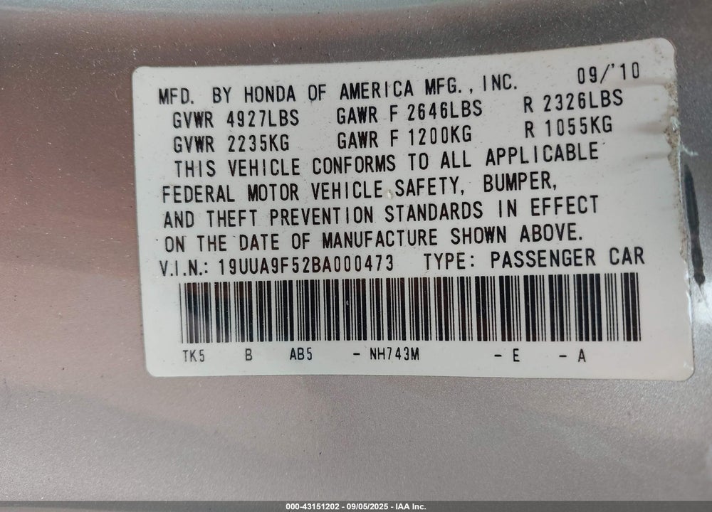 2011 ACURA TL VIN: 19UUA9F52BA000473