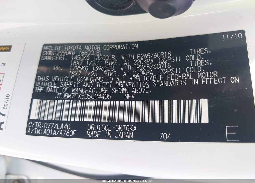 2011 LEXUS GX 460 VIN: JTJBM7FX5B5024405