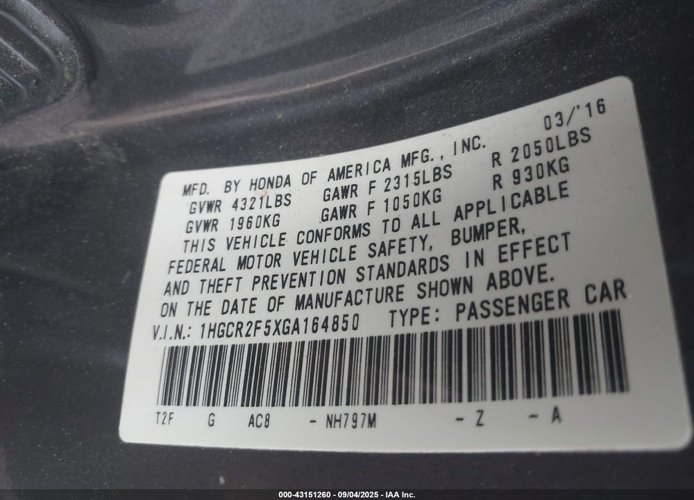 2016 HONDA ACCORD VIN: 1HGCR2F5XGA164850