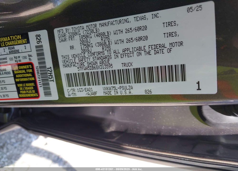 2025 TOYOTA TUNDRA VIN: 5TFWA5DB6SX313595
