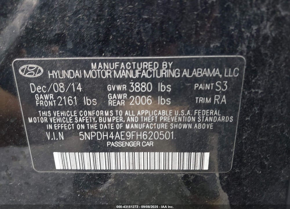 2015 HYUNDAI ELANTRA VIN: 5NPDH4AE9FH620501