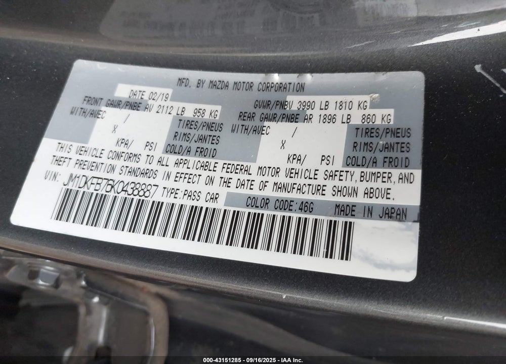 2019 MAZDA CX-3 SPORT VIN: JM1DKFB76K0438887