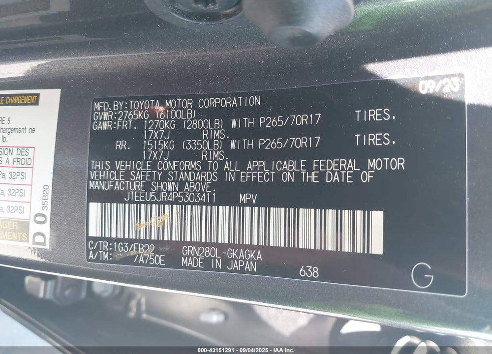 2023 TOYOTA 4RUNNER VIN: JTEEU5JR4P5303411