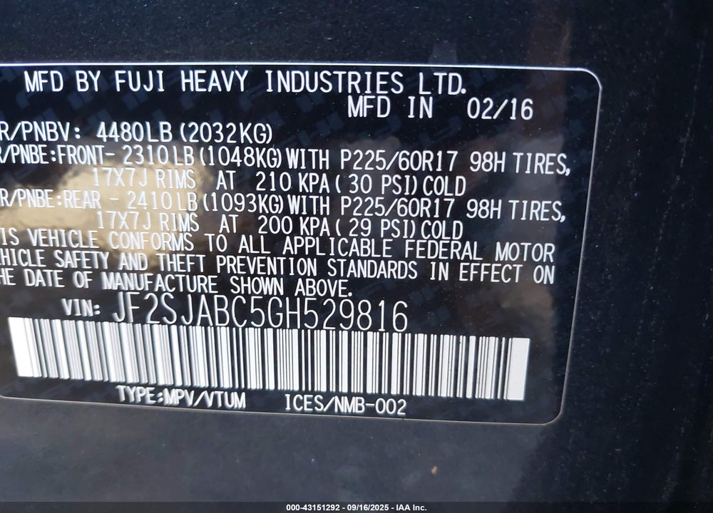 2016 SUBARU FORESTER VIN: JF2SJABC5GH529816
