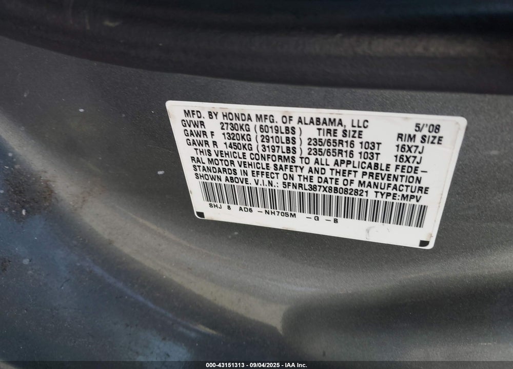 2008 HONDA ODYSSEY EX-L VIN: 5FNRL387X8B082821