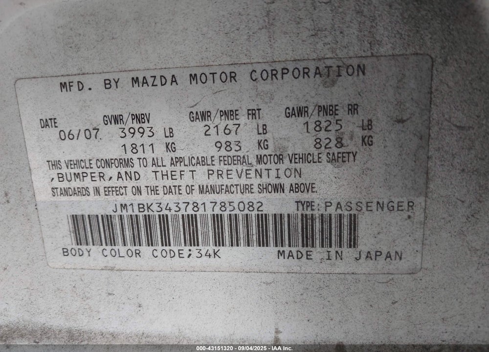 2008 MAZDA 3 S SPORT VIN: JM1BK343781785082