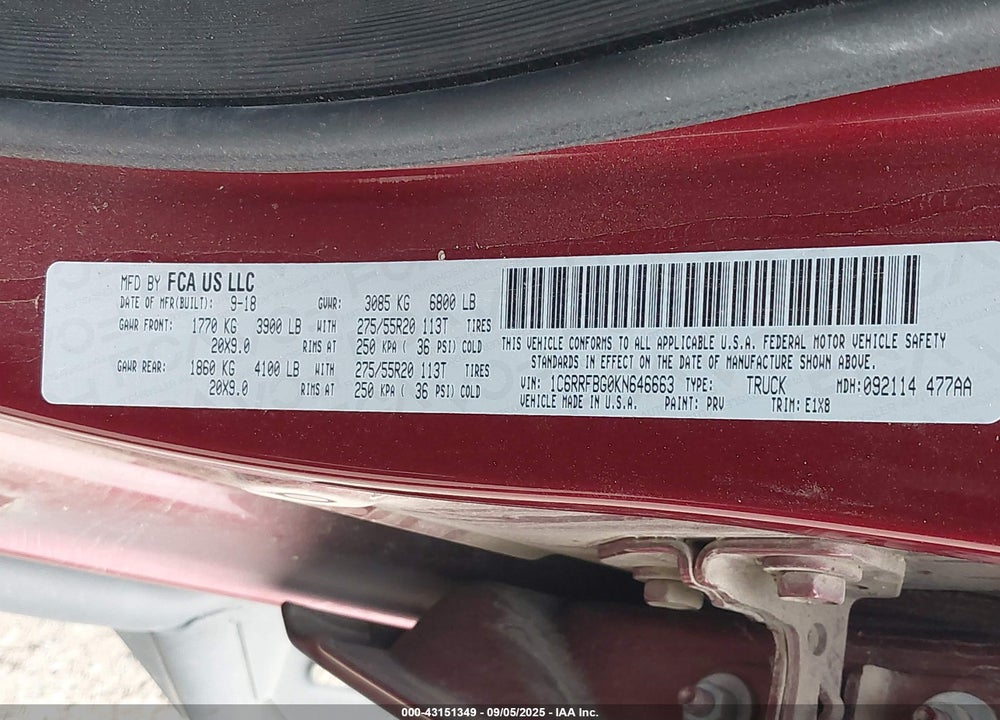 2019 RAM 1500 VIN: 1C6RRFBG0KN646663