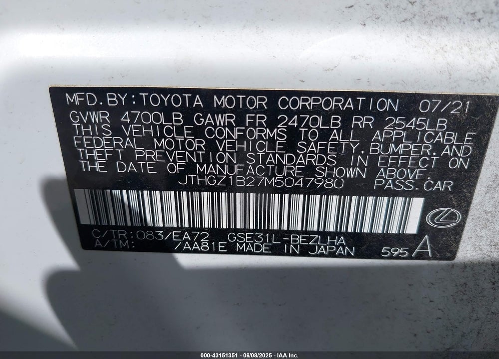 2021 LEXUS IS 350 VIN: JTHGZ1B27M5047980